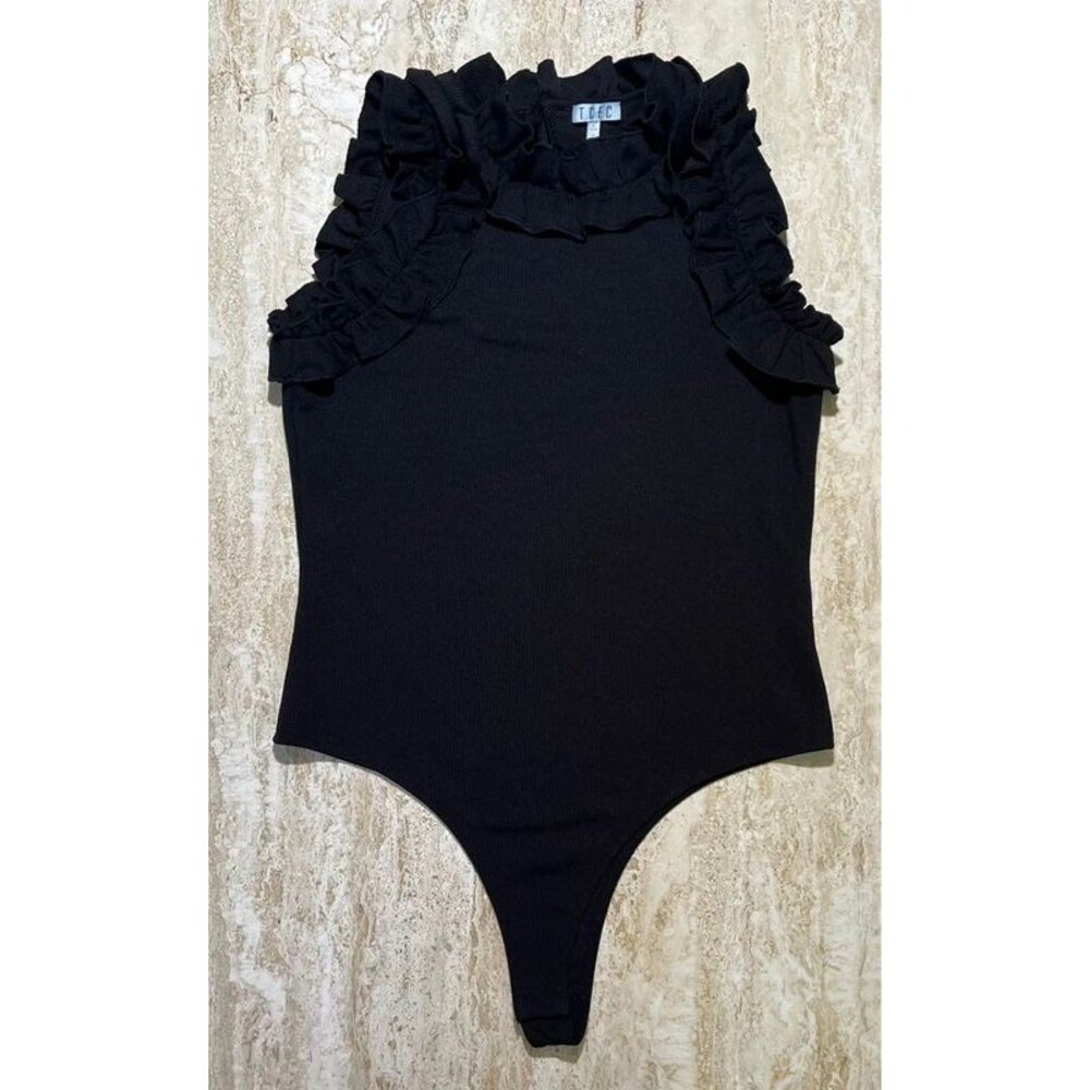 TCEC Black Ribbed Ruffle Bodysuit Large Romantic Goth - Picture 6 of 10